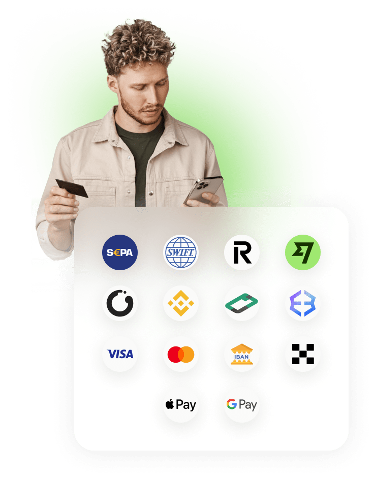 man with card, phone and payments methods